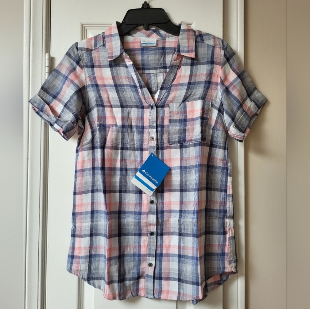 Columbia Plaid Short Sleeve Button Down Shirt Size Small, New With Tags